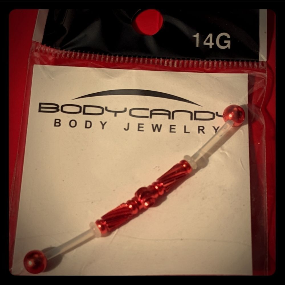 Cherry Red 14 Guage Flexible Acrylic & Metal Industrial Piercing Bar Earring